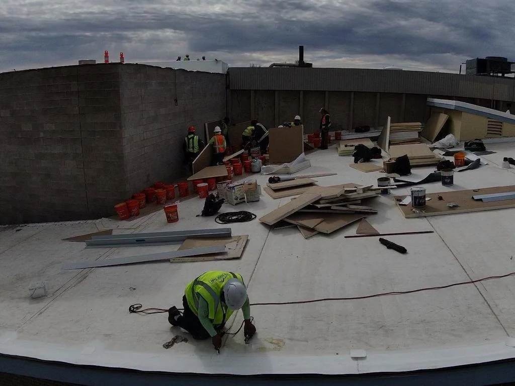 Commercial roofing crew installing a white TPO roof system in Colorado