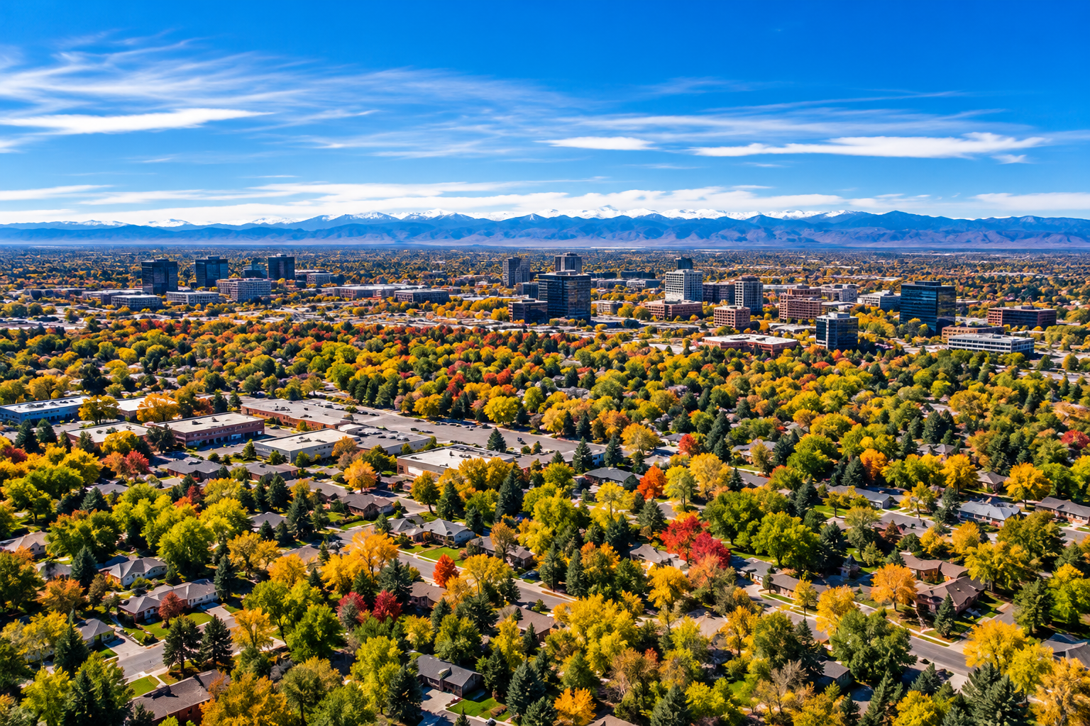 Aerial view of a Colorado Front Range neighborhood with the Rocky Mountains in the background