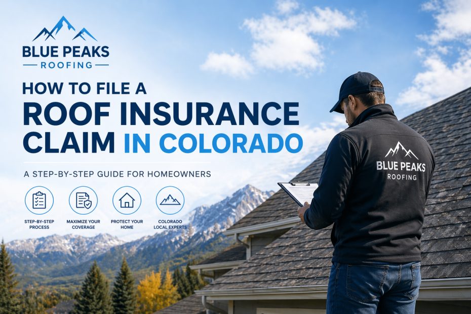 Graphic titled How to File a Roof Insurance Claim in Colorado, showing a roofer with a clipboard