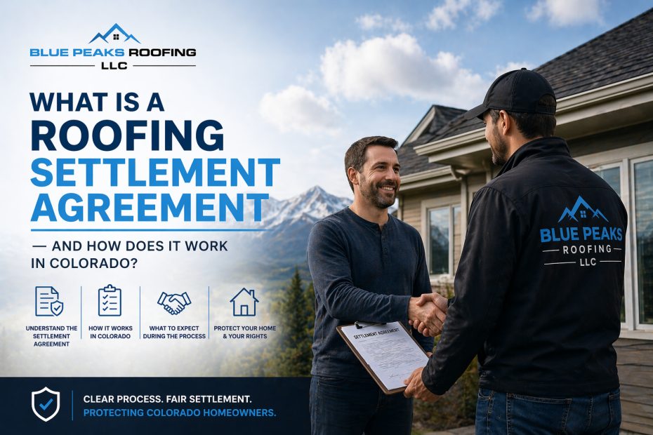 Graphic titled What Is a Roofing Settlement Agreement, showing a homeowner and roofer shaking hands