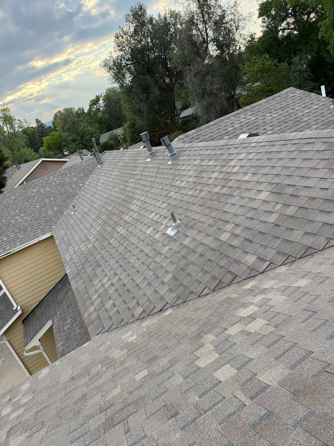 Finished ridge on an Atlas Pinnacle Impact multifamily townhome roof in Fort Collins, CO