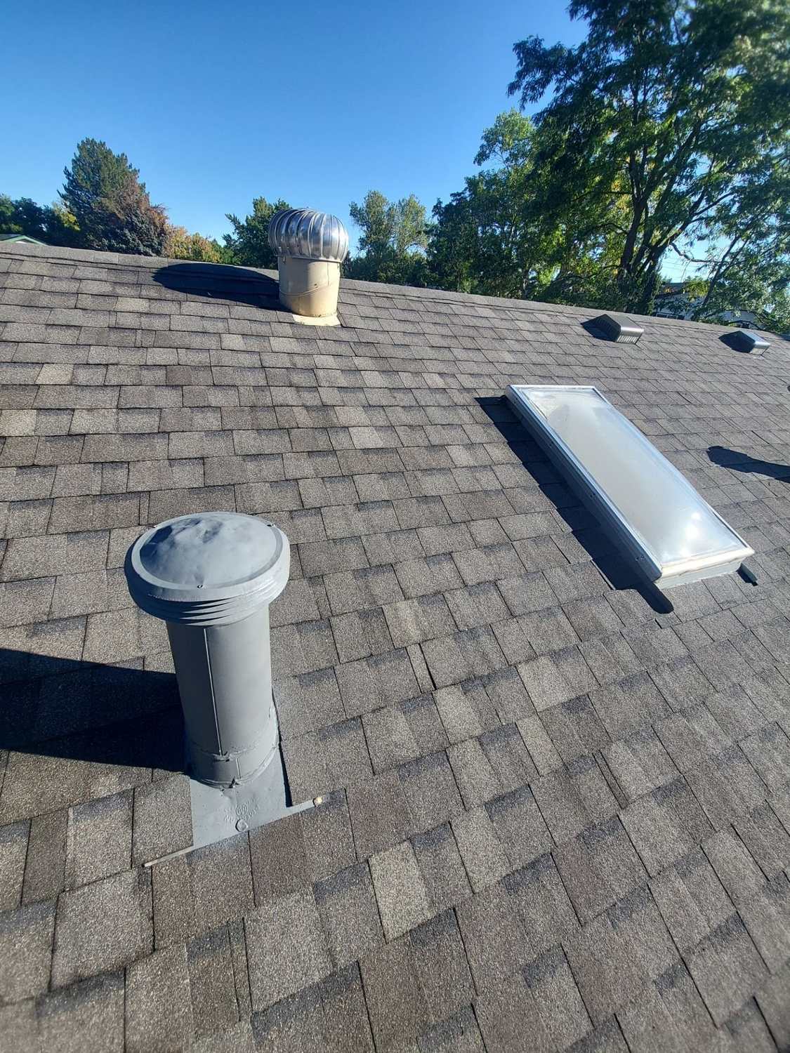 New shingle roof with a finished skylight and roof vents in Littleton, CO