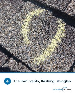 Close-up of chalk circles marking hail hits on an asphalt shingle roof after a Front Range storm