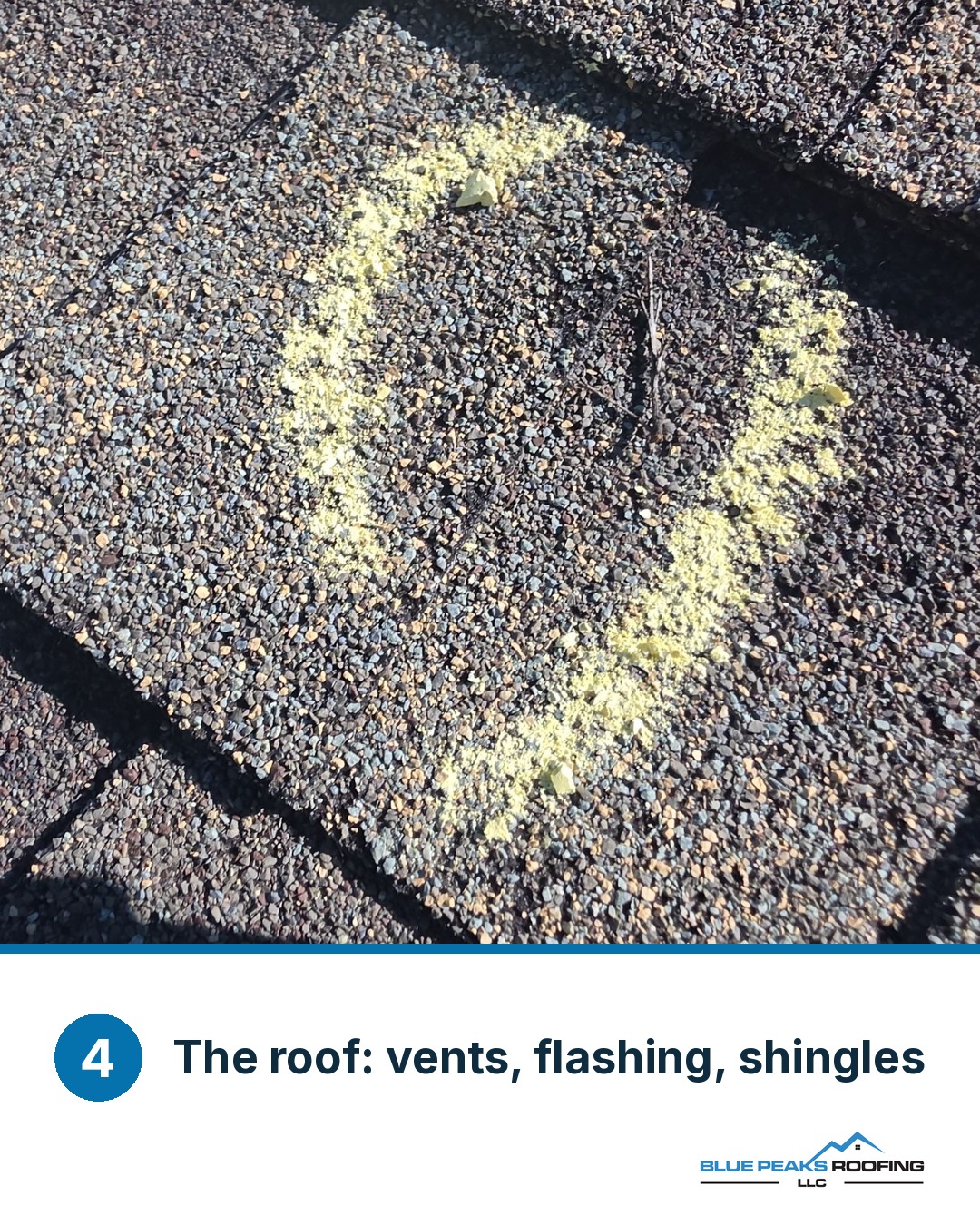 Close-up of chalk circles marking hail hits on an asphalt shingle roof after a Front Range storm